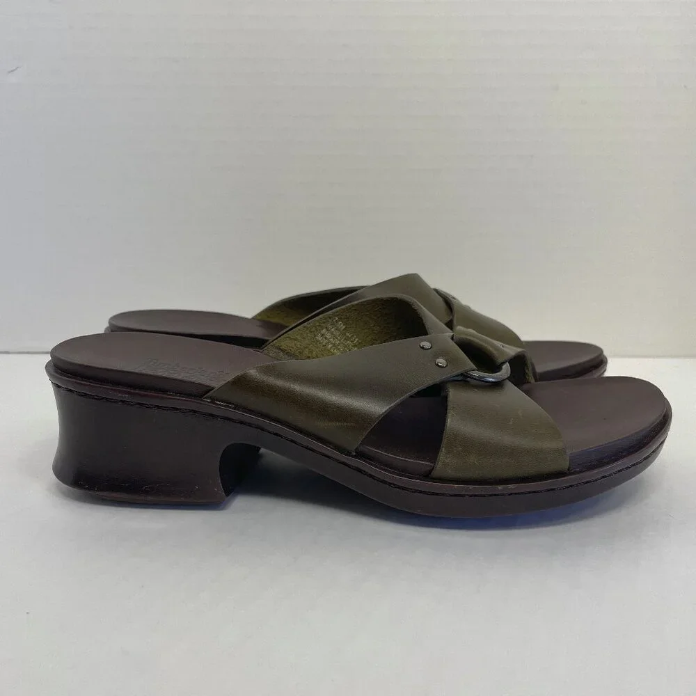 Timberland Sandals Women’s Sz 7.5 Olive Green Leather Strap Slides Smart Comfort
